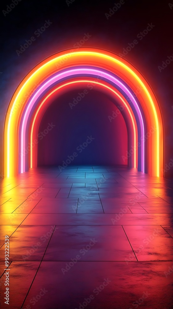 Neon Rainbow Archway Illustration Background with Blue and Red Lighting Neon Rainbow Archway Illustration Background with Blue and Red Lighting