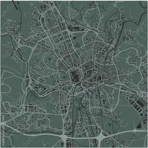 Map of Brno in Czech Republic in a smooth dark style. Contains layered vector with roads water, parks, etc.