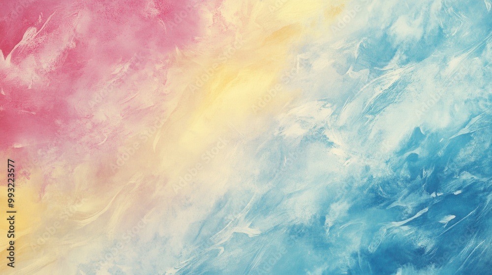 A textured surface with soft, flowing watercolor strokes in pastel shades of blue, pink, and yellow