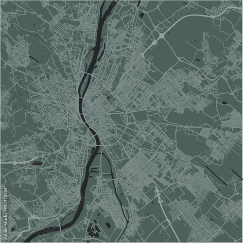 Map of Budapest in Hungary in a smooth dark style. Contains layered vector with roads water, parks, etc.
