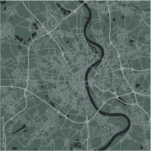 Map of Cologne in Germany in a smooth dark style. Contains layered vector with roads water, parks, etc.