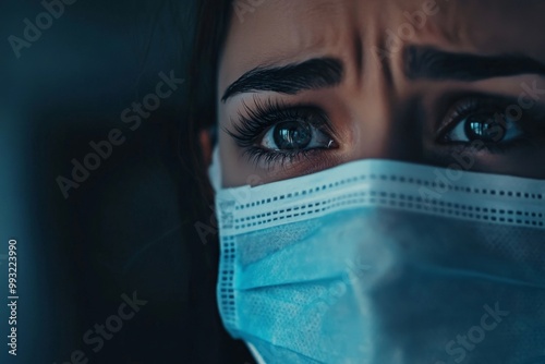 An upset depression woman, upset depressed melancholy sad crying woman who wears a protective mask and has tears in her eyes while undergoing serious illness, Coronavirus outbreak, flu epidemic and