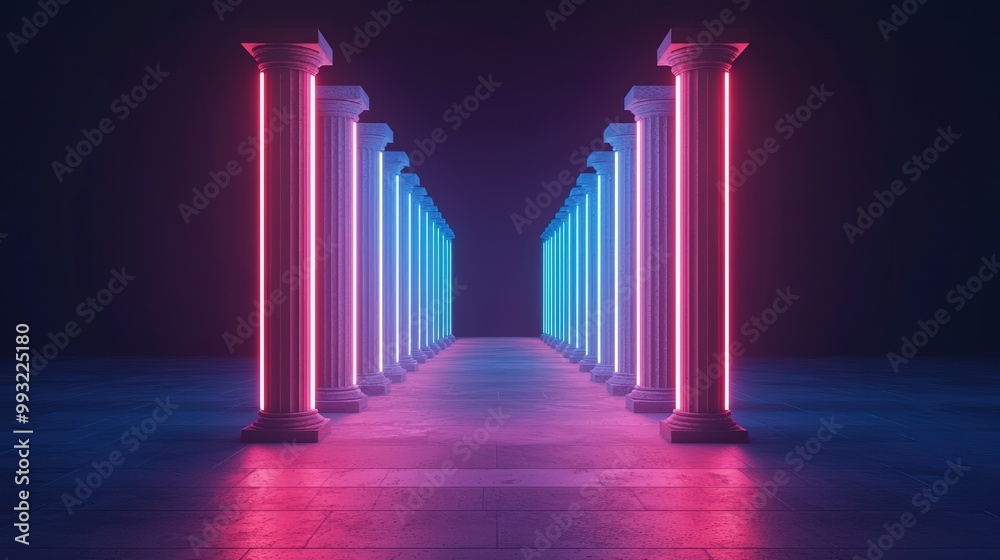 A bridge made of light connecting two broken pillars, symbolizing innovation linking disrupted business models. Set in a calm, minimalist office space. Realistic, medium shot. A bridge made of light connecting two broken pillars, symbolizing innovation linking disrupted business models. Set in a calm, minimalist office space. Realistic, medium shot.