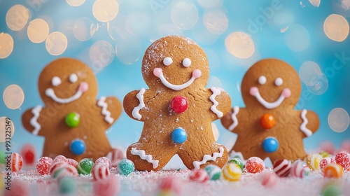 Colorful gingerbread men are cheerfully arranged with festive candies, set against a soft blue background, evoking a joyful holiday spirit.