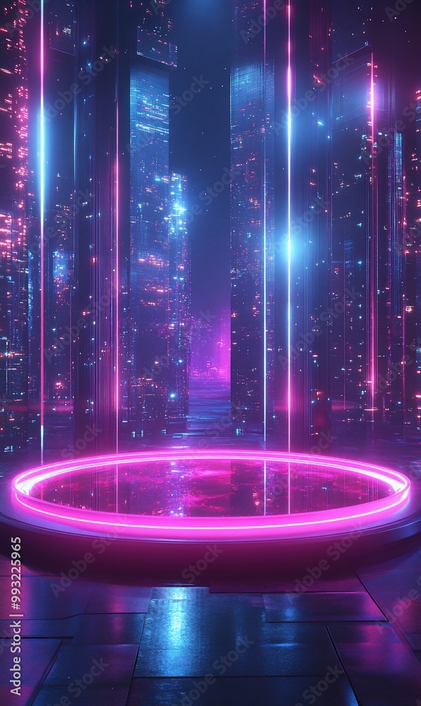A vibrant, futuristic scene with glowing neon elements and reflections.