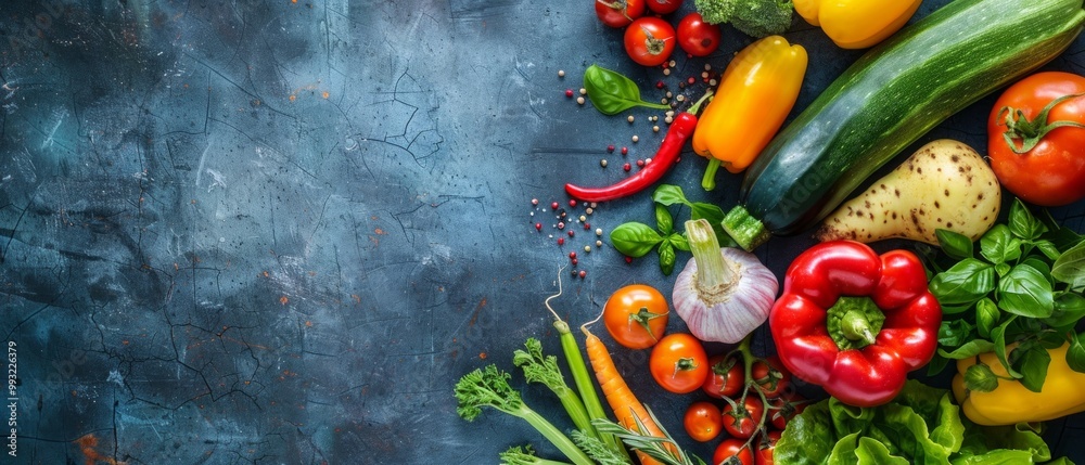 A vibrant photo of fresh vegetables and peaches on a blue background, including tomatoes, peppers, zucchinis, and herbs like basil and parsley. A vibrant photo of fresh vegetables and peaches on a blue background, including tomatoes, peppers, zucchinis, and herbs like basil and parsley.