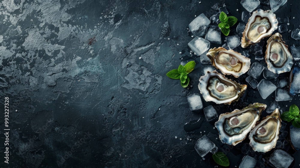 Image shows fresh oysters on dark surface with basil and salt. Ambient lighting highlights raw seafood, creating natural ocean vibe. Image shows fresh oysters on dark surface with basil and salt. Ambient lighting highlights raw seafood, creating natural ocean vibe.