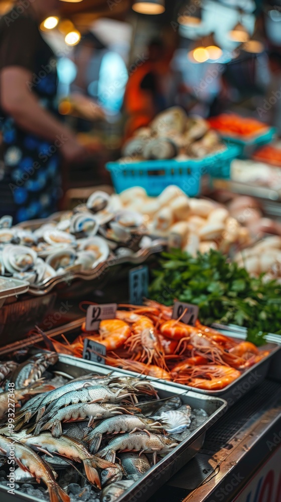 Fototapeta premium A bustling market scene with fresh seafood, vegetables, and people shopping, capturing the vibrant atmosphere. Busy stalls, people, and food on display add to the lively energy.