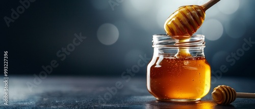 A photo shows a glass jar of honey on a blue surface with a wooden dipper. The spotlight highlights the honey's color and texture against a dark background.