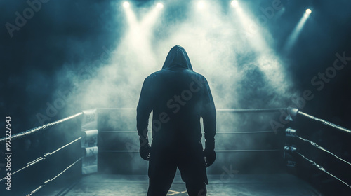 A fighter wearing a hooded sweatshirt stands in a dimly lit arena, facing a crowd and ring, preparing for an intense match.
 photo