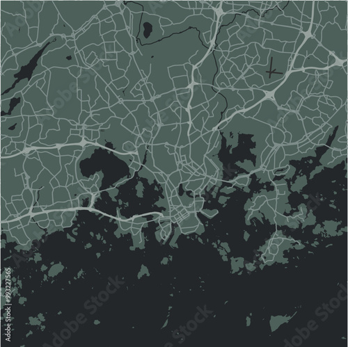 Map of Helsinki in Finland in a smooth dark style. Contains layered vector with roads water, parks, etc.
