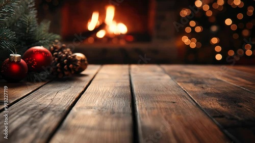 Empty wooden tabletop with christmas tree and fireplace in background