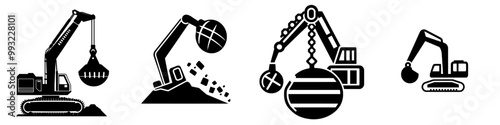 Building machines demolish wrecking balls with crane trucks icon black color flat style illustration