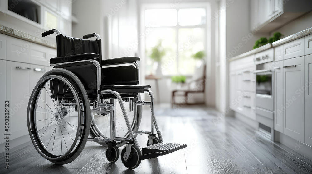 A wheelchair is placed in a sleek, modern kitchen designed for accessibility, illuminated by soft lighting, promoting independence and mobility at home.
A wheelchair is placed in a sleek, modern kitchen designed for accessibility, illuminated by soft lighting, promoting independence and mobility at home.