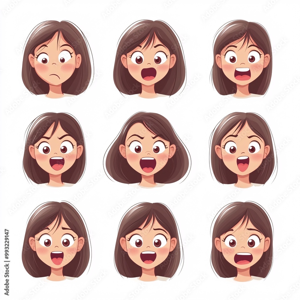 A grid of animated facial expressions depicting a girl showing various emotions like happiness, sadness, surprise, and anger. A grid of animated facial expressions depicting a girl showing various emotions like happiness, sadness, surprise, and anger.