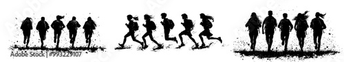 Runner school kid silhouette, Cartoon doodle drawing of school students rowing in a row, Line art modern scene of school kids playing