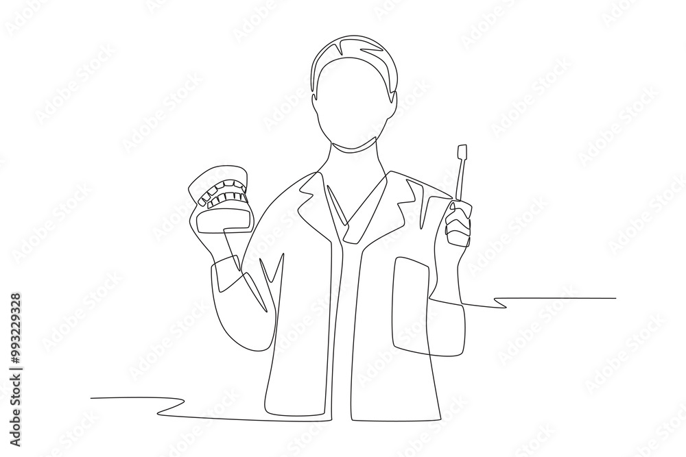 Dentist holding dentures and toothbrush. Dentist concept one-line drawing Dentist holding dentures and toothbrush. Dentist concept one-line drawing