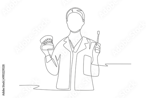 Dentist holding dentures and toothbrush. Dentist concept one-line drawing