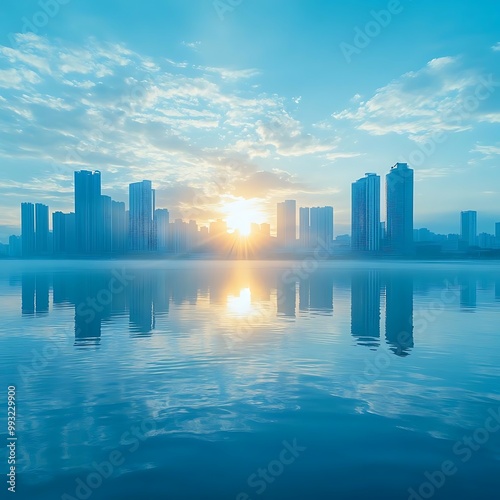 Sunrise City Skyline Illustration - Reflection, Modern Buildings, Blue Water, and a Vibrant Sky