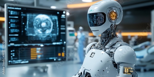 A humanoid robot with a white and silver body stands in a modern hospital room with a large screen behind it displaying a brain scan. 