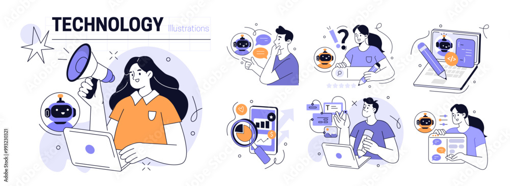 Fototapeta premium AI technology in business and marketing set. Characters using artificial intelligence, algorithms, generative tools to searching, writing prompts, generating content. Vector illustration. 