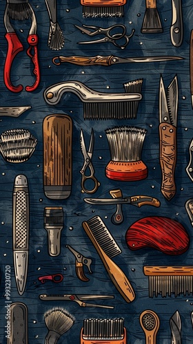 Barber Shop seamless pattern with doodle hand-drawn razor, scissors, shaving brush, comb, classic barber shop tools. Generative AI