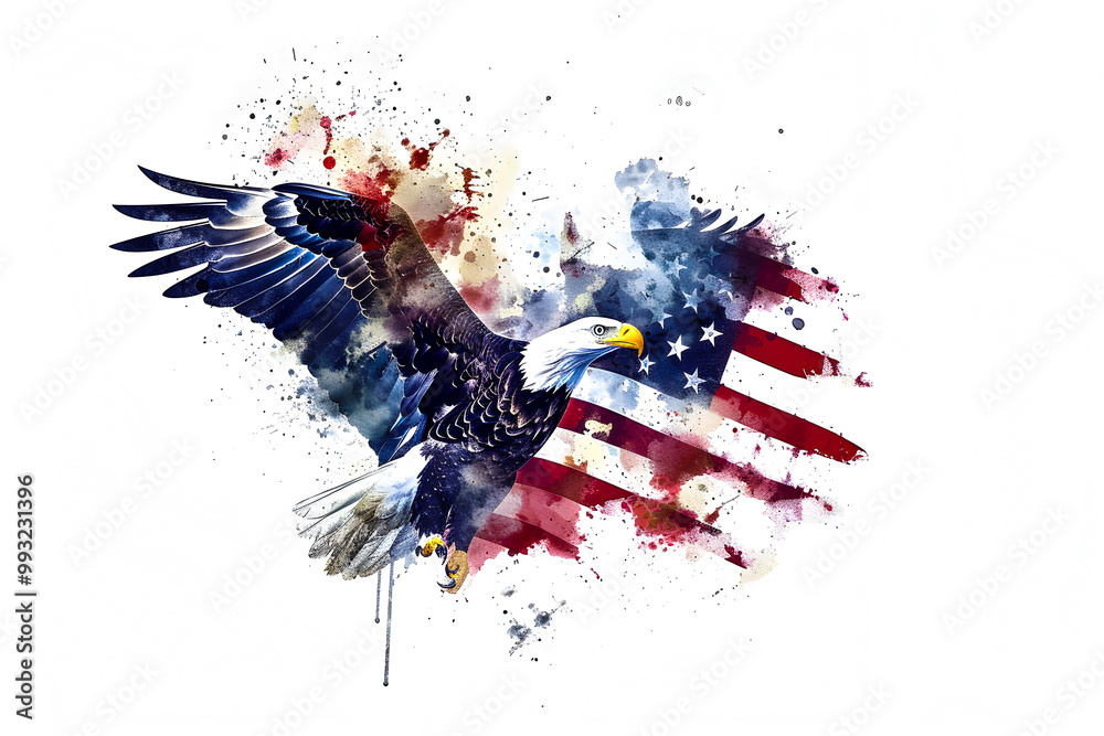 Obraz premium illustration of an eagle and American flag background with splashes