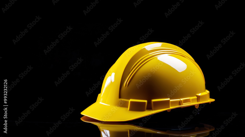 Yellow construction helmet. Black background. Copy space. Technical mockup. Generative AI Yellow construction helmet. Black background. Copy space. Technical mockup. Generative AI