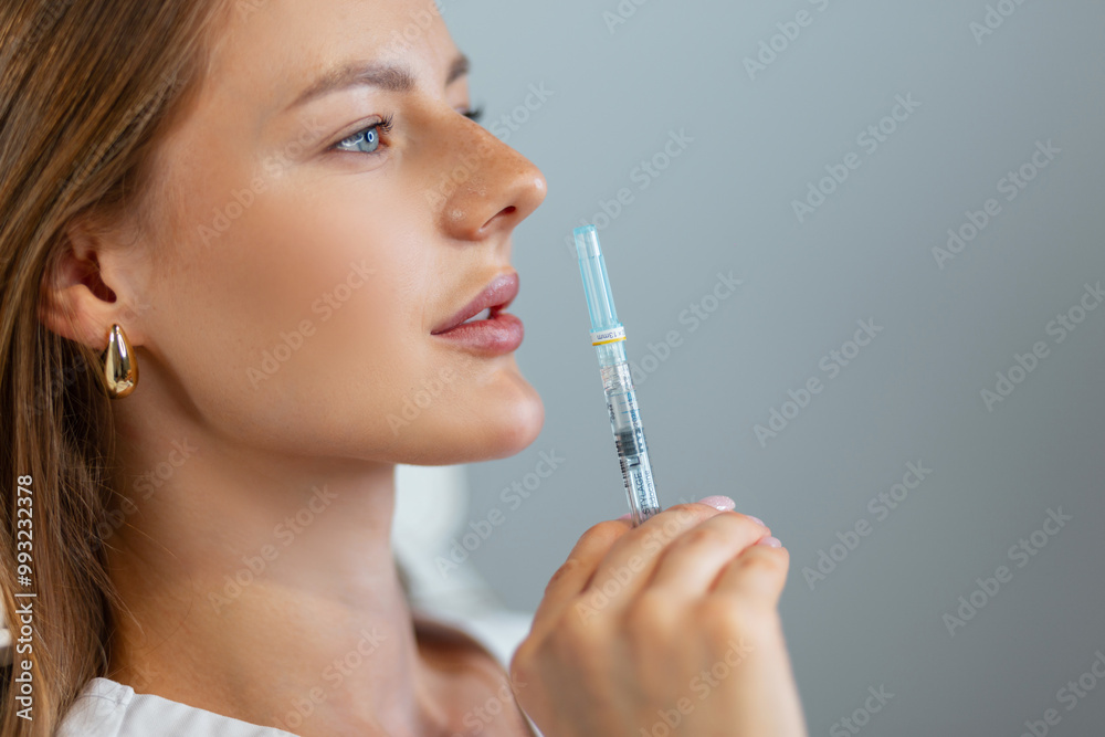 Young beautiful fresh woman with sexy lips holds filler injection near lips in beauty studio. Doctor cosmetologist, lip augmentation, creative idea Young beautiful fresh woman with sexy lips holds filler injection near lips in beauty studio. Doctor cosmetologist, lip augmentation, creative idea