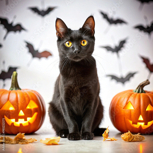 Black Cat with Spooky Halloween Pumpkin and Flying Bats