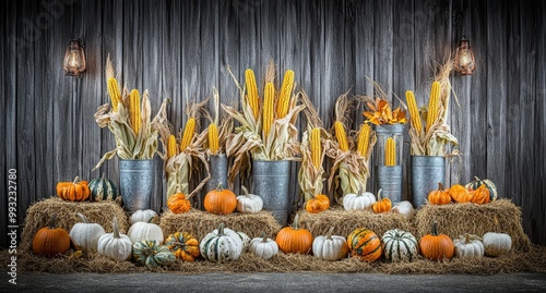 On hay, there are colorful Indian corn decorations and colorful pumpkins photo