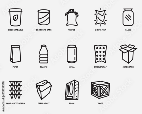 type of packaging materials outline icon set.packaging pictogram symbol vector isolated on background