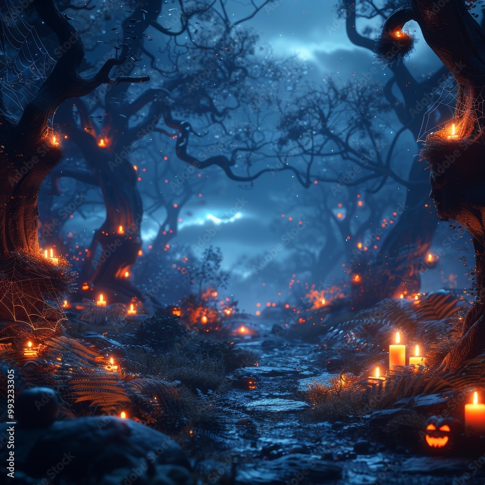 Spooky glowing forest with pumpkins and candles on Halloween night Spooky glowing forest with pumpkins and candles on Halloween night