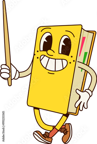 Book groovy character with pointer stick. Isolated cartoon vector textbook. Cute yellow notebook or diary teacher or tutor, educational personage happily explain lesson, information or presentation