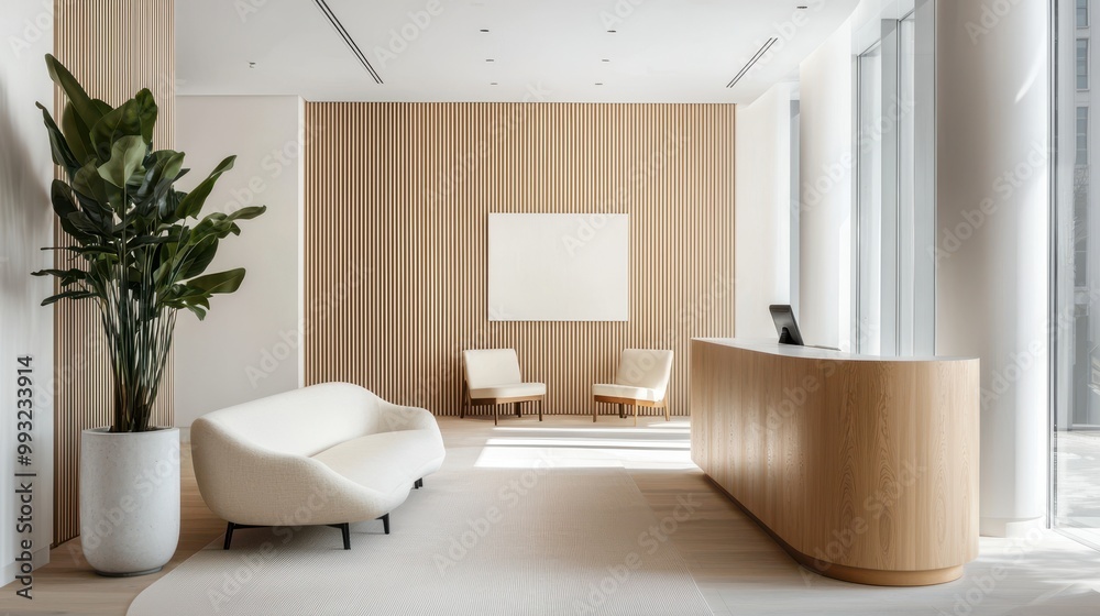 Fototapeta premium Elegant workspace filled with calming white walls and soft light wood embellishments, housing a comfortable sofa area meant for relaxation, a modern reception desk placed prominently at the entrance,