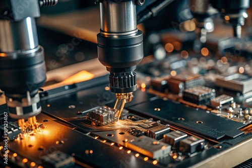 Automated production of electronic devices. Modern robotic manipulators on the assembly line of chips and printed circuit boards at a modern electronics factory. Installing components on the board.