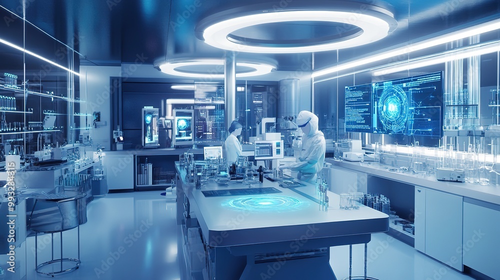 A scientist conducts research using advanced technology in a futuristic laboratory filled with holographic displays A scientist conducts research using advanced technology in a futuristic laboratory filled with holographic displays