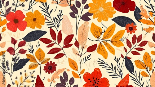 Leafy autumn pattern with hand-drawn flowers and plants in a seamless design for modern fall decor.