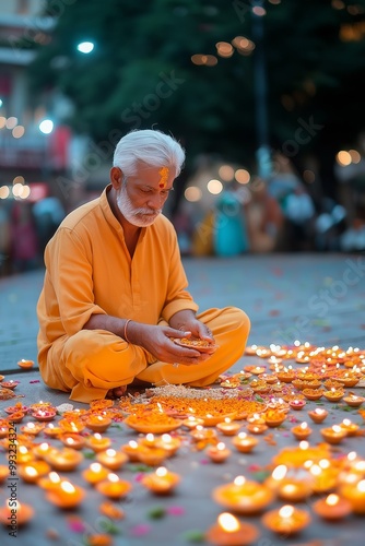 A man with an oil lamp at night. Diwali. Holiday lights. An Indian ritual. Dark background copy space photo