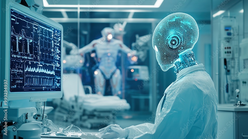 A humanoid robot monitors medical data in a high-tech hospital room during a futuristic health care scenario A humanoid robot monitors medical data in a high-tech hospital room during a futuristic health care scenario