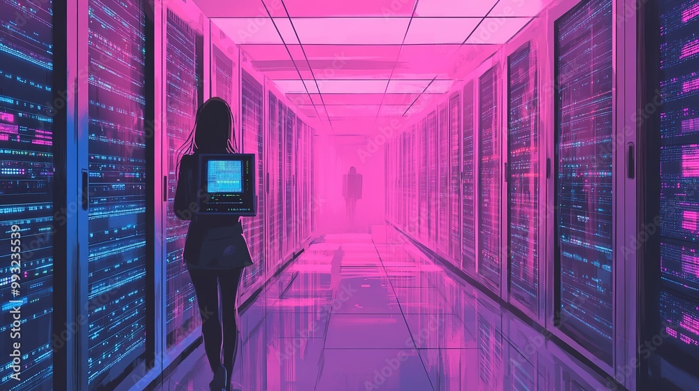 Fototapeta premium A person walking through a brightly lit data center with rows of server racks in an advanced technology environment during nighttime