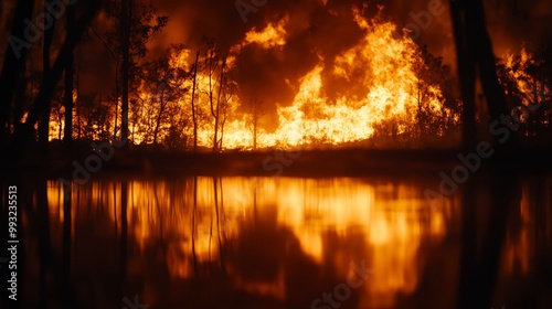 Wildfire burning intensely near a tranquil water body at sunset.