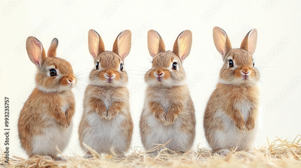 Fototapeta premium a whimsical illustration of rabbits standing on their hind legs against a clean white background showcasing their playful nature in an enchanting way