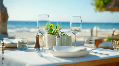 serene beachside restaurant table set for meal, featuring elegant glassware, small plant centerpiece, and beautiful ocean view. atmosphere is inviting and tranquil