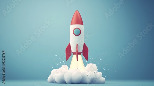 Fototapeta Naklejka Na Ścianę i Meble -  Miniature spaceship icon in a cartoon style. A toy rocket ascends, releasing smoke. Represents a fresh start, space exploration, or business strategies.