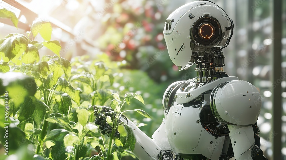 A humanoid robot tending to plants in a futuristic greenhouse during the afternoon, showcasing the blend of technology and agriculture A humanoid robot tending to plants in a futuristic greenhouse during the afternoon, showcasing the blend of technology and agriculture