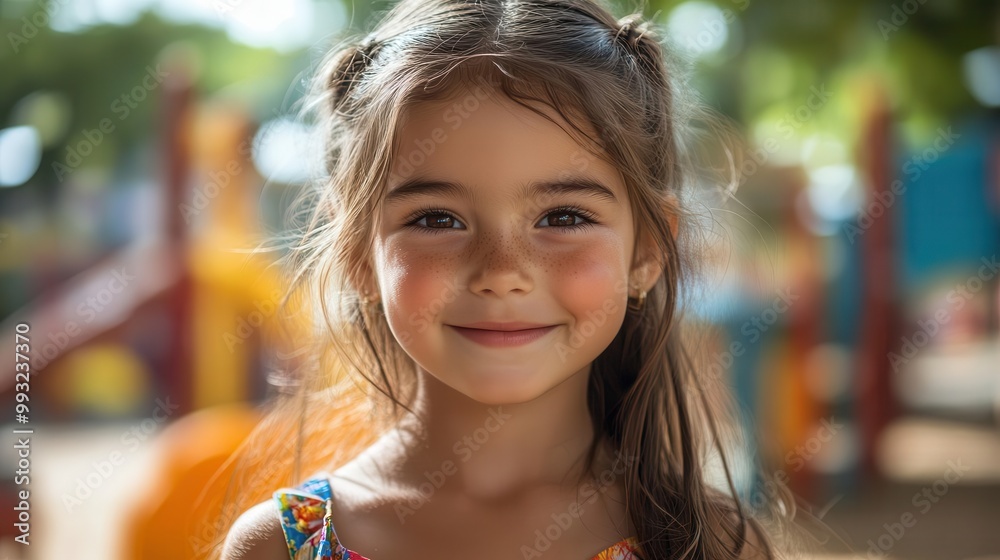 a young girl with long hair dressed in colorful attire beams at the camera surrounded by a lively playground sunlight illuminating her joyful expression conveying innocence and happiness a young girl with long hair dressed in colorful attire beams at the camera surrounded by a lively playground sunlight illuminating her joyful expression conveying innocence and happiness
