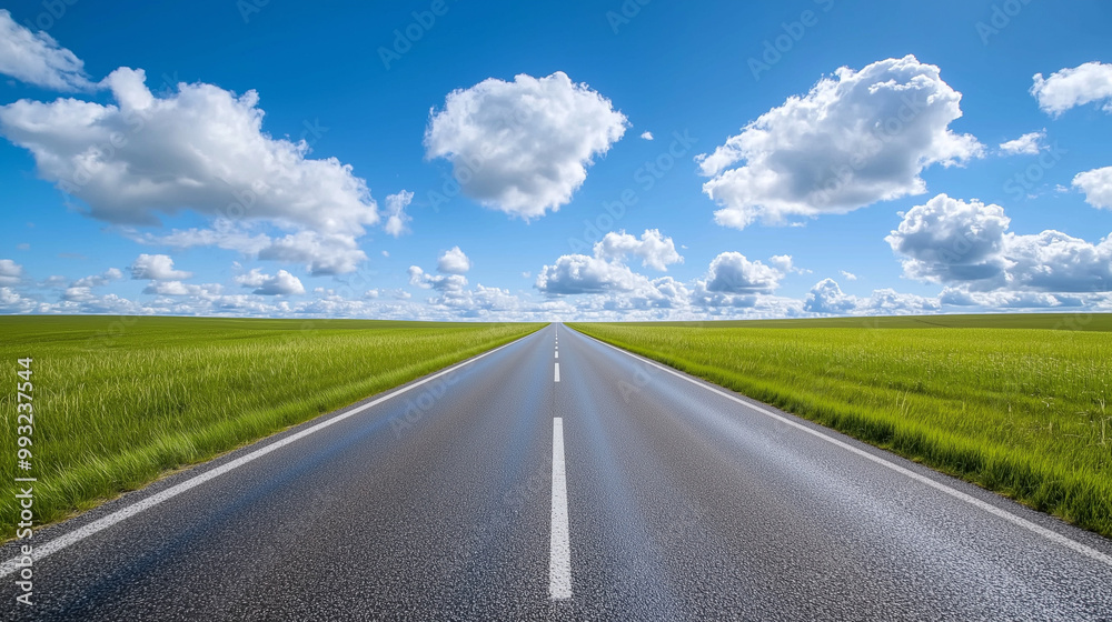 Wide road into distance, flanked by green fields and blue sky. High-definition, horizontal composition. Serene beauty. Wide road into distance, flanked by green fields and blue sky. High-definition, horizontal composition. Serene beauty.
