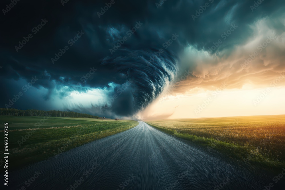 A dramatic storm swirling over a road, contrasting light and dark skies, showcasing nature's power. A dramatic storm swirling over a road, contrasting light and dark skies, showcasing nature's power.