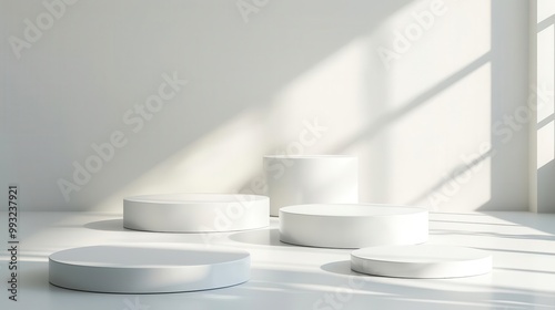 Cylindrical white podiums arranged in a minimalist studio, soft shadows and smooth textures, ideal for high-end product displays
